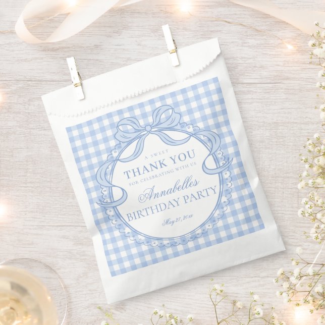 Blue Gingham Coquette Bow Birthday Party Dessert Favour Bag (Clipped)