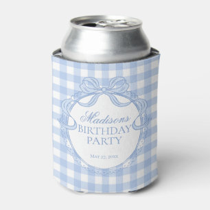 Blue Gingham Coquette Bow Birthday Party Favor Can Cooler