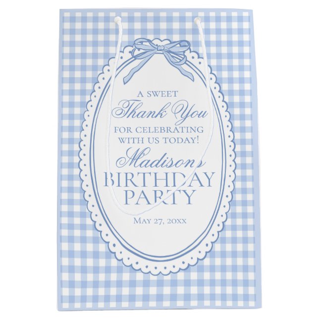 Blue Gingham Coquette Bow Birthday Party Favours Medium Gift Bag (Front)