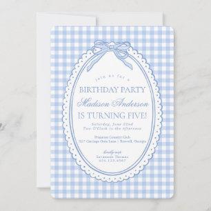 Blue Gingham Coquette Bow Birthday Party Invitation