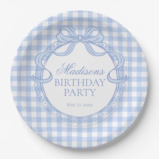Blue Gingham Coquette Bow Birthday Party Paper Plate (Front)
