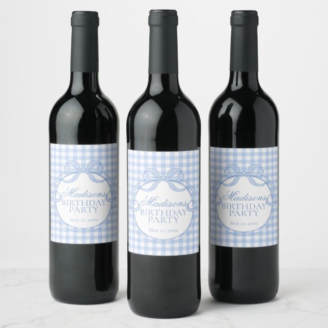 Blue Gingham Coquette Bow Birthday Party Wine Label (Bottles)