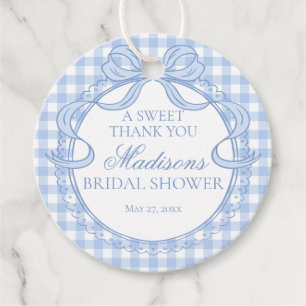Blue Gingham Coquette Bow Bridal Shower Circle Favour Tags