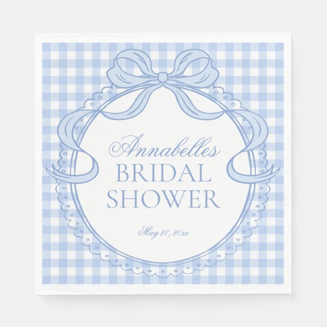 Blue Gingham Coquette Bow Bridal Shower Dessert Napkin (Front)