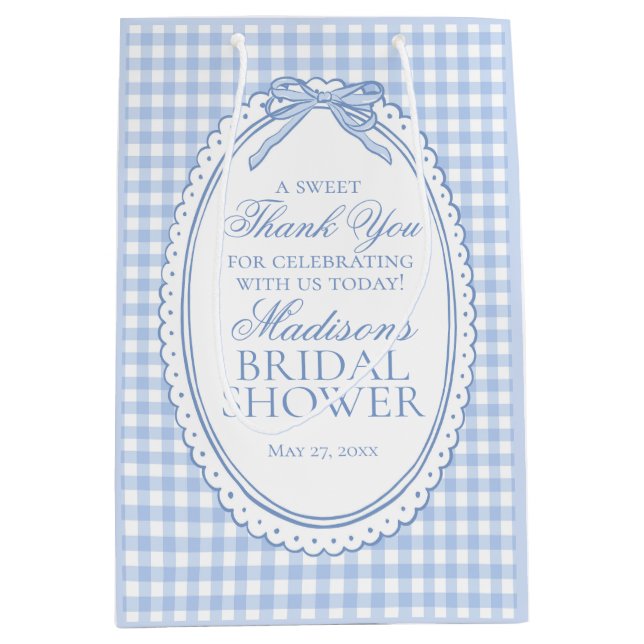 Blue Gingham Coquette Bow Bridal Shower Favours Medium Gift Bag (Front)