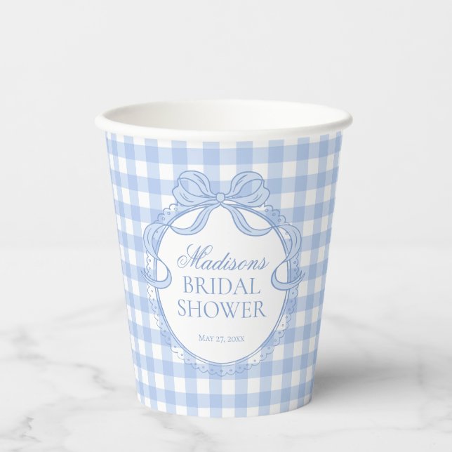 Blue Gingham Coquette Bow Bridal Shower Paper Cups (Front)