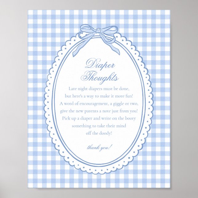 Blue Gingham Coquette Bow Diaper Thoughts Baby Poster (Front)