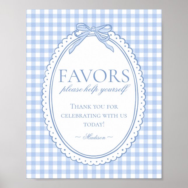 Blue Gingham Coquette Bow Favors Sign (Front)