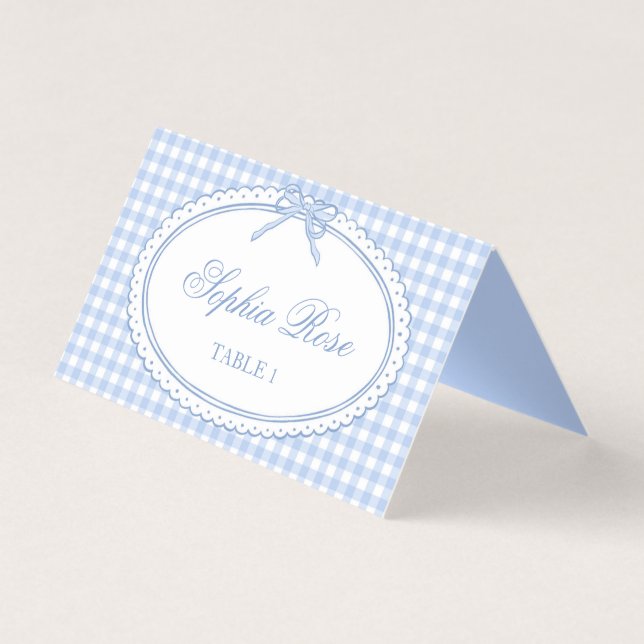 Blue Gingham Coquette Bow Place Card Table Decor (Front)