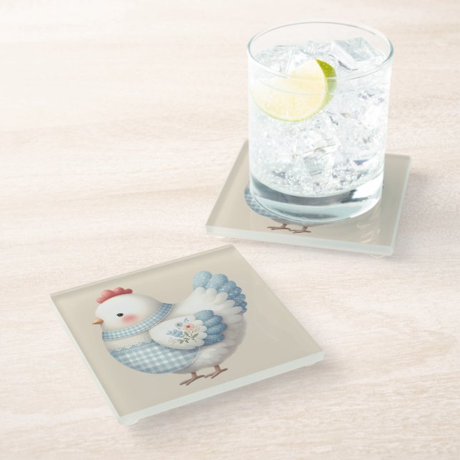 Blue Gingham Cottage Hen Glass Coaster (Angled)