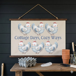 Blue Gingham Cottage Hen Hanging Tapestry