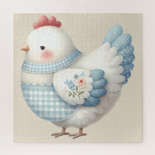 Blue Gingham Cottage Hen Jigsaw Puzzle