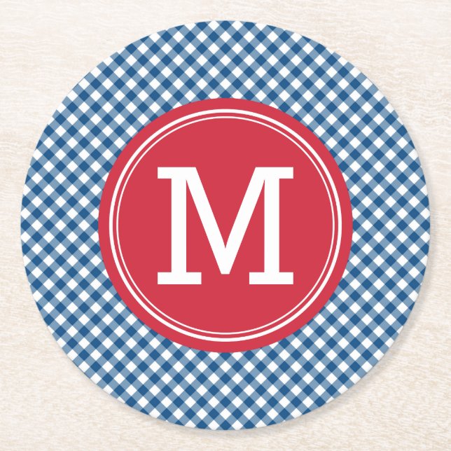 Blue Gingham Country Chic Personalise Monogram Round Paper Coaster (Front)