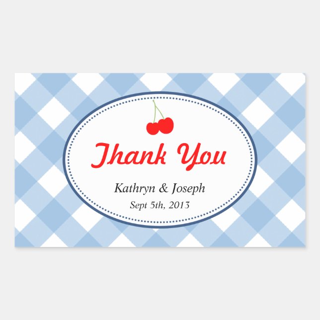 Blue gingham country picnic red cherry wedding rectangular sticker (Front)