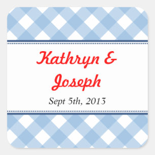 Blue gingham country picnic rustic wedding favour square sticker