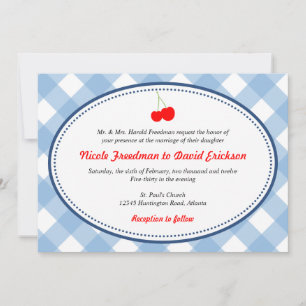 Blue gingham country rustic red cherry wedding invitation
