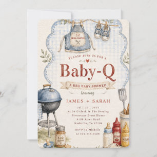 Blue Gingham Couples Baby Q Baby Shower Invitation
