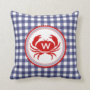 Blue Gingham & Crab Monogram Pillow