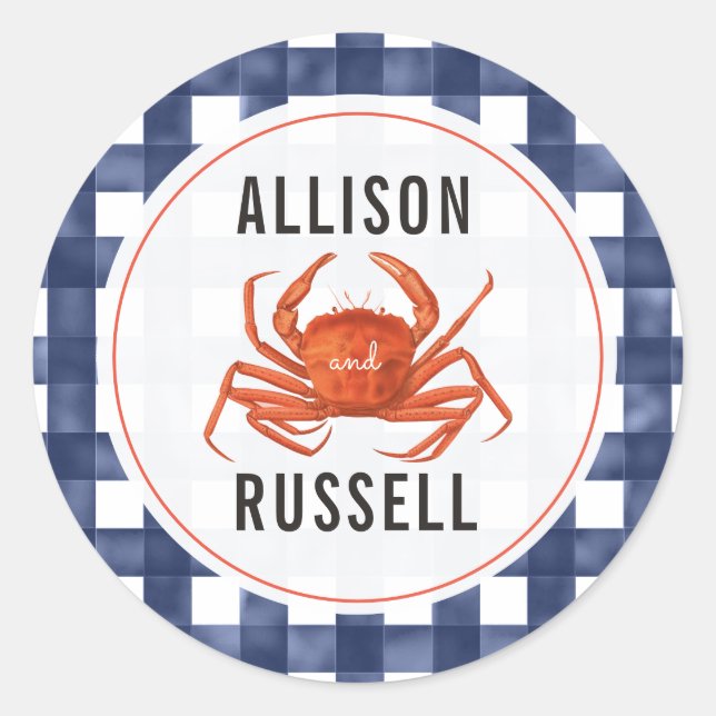 Blue Gingham Crab Wedding Classic Round Sticker (Front)