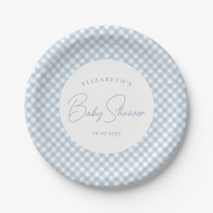 Blue gingham cute simple personalised baby shower paper plate