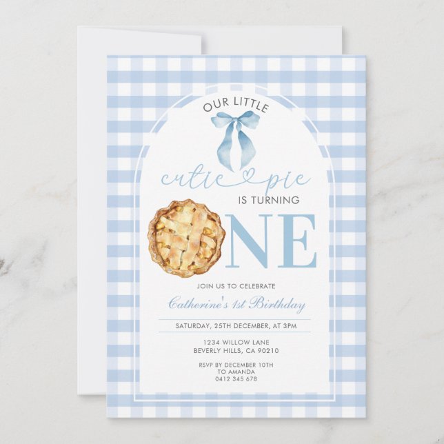 Blue Gingham Cutie Pie First Birthday Invitation (Front)