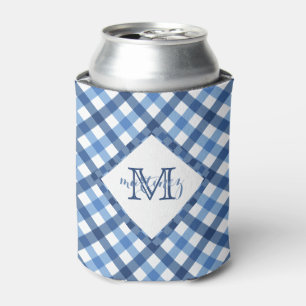 Blue gingham diamond monogram name can cooler