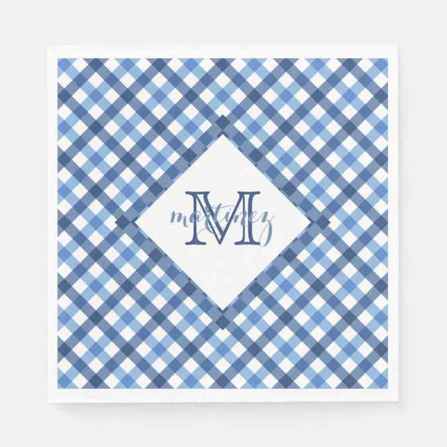 Blue gingham diamond monogram name napkins (Front)