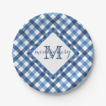 Blue gingham diamond monogram name paper plate