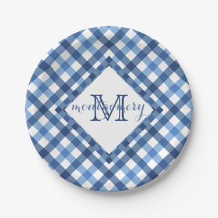 Blue gingham diamond monogram name paper plate
