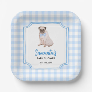 Blue Gingham Dog Boy Baby Shower Paper Plate