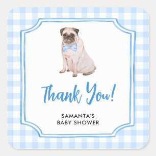 Blue Gingham Dog Boy Baby Shower Thank You Square Sticker