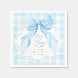 Blue Gingham Elegant Bow Boy Baby Shower Napkin