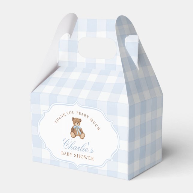 Blue Gingham Elegant Teddy Bear Baby Shower Favour Box (Front Side)