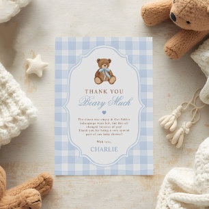 Blue Gingham Elegant Teddy Bear Baby Shower Thank You Card