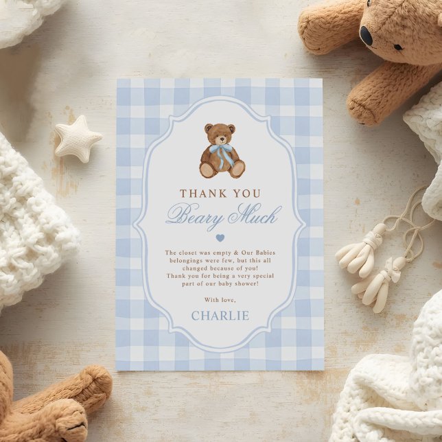 Blue Gingham Elegant Teddy Bear Baby Shower Thank You Card (Creator Uploaded)