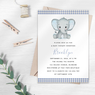 Blue Gingham Elephant Baby Shower Invitation