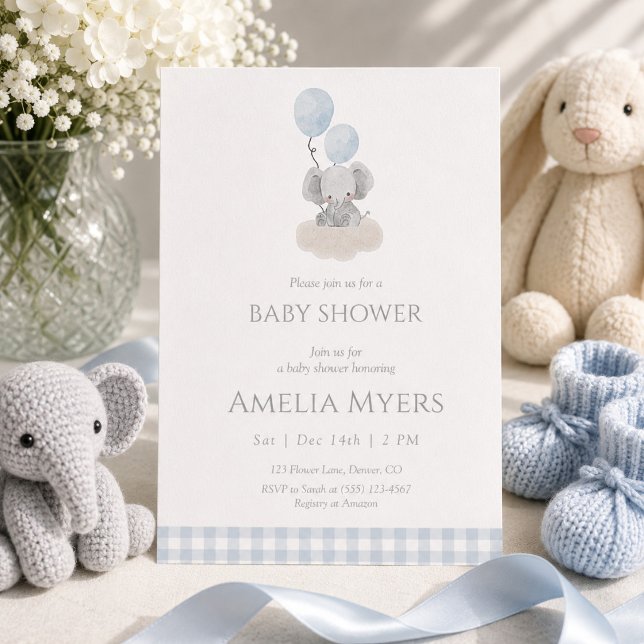 Blue Gingham Elephant on Cloud Baby Shower  Invitation (Creator Uploaded)