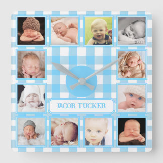 Blue Gingham Farmhouse 12-photo Boy Nursery Square Wall Clock