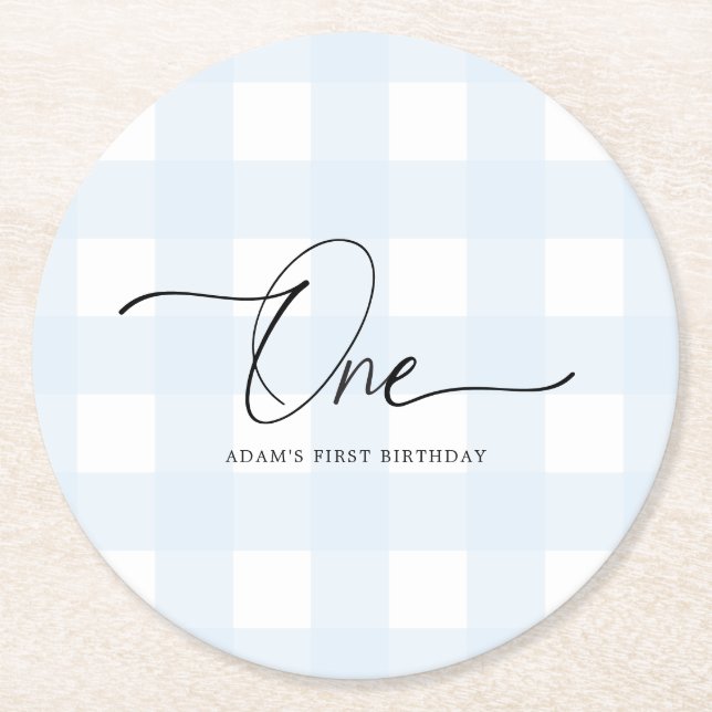 Blue Gingham First Birthday Drink Coaster (Front)