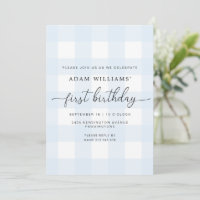 Blue Gingham First Birthday Invitation
