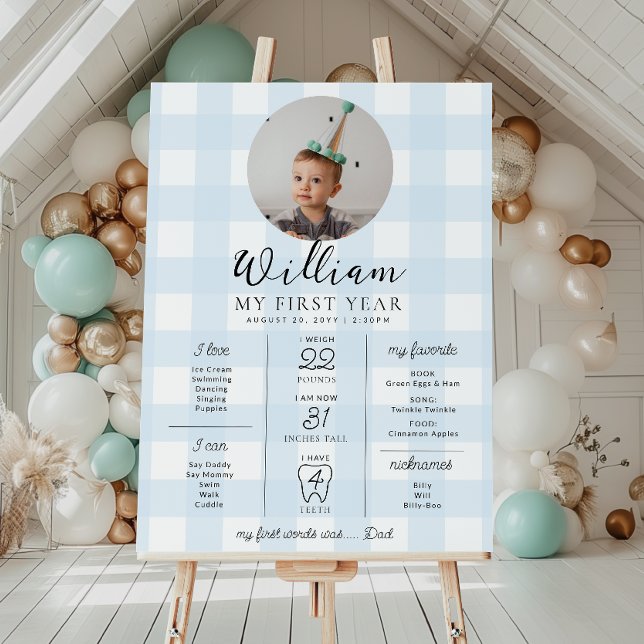Blue Gingham First Birthday Milestone Timeline Poster (Creator Uploaded)
