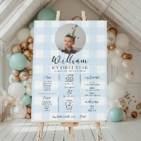 Blue Gingham First Birthday Milestone Timeline