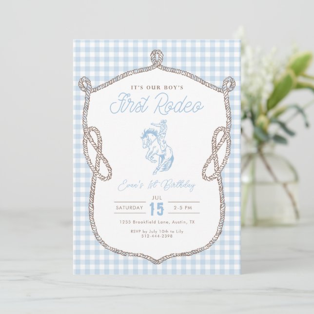 Blue Gingham First Rodeo 1st Birthday Cowboy Invitation (Standing Front)