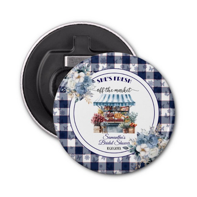 Blue Gingham Floral Bridal Shower favour Bottle Opener (Front)