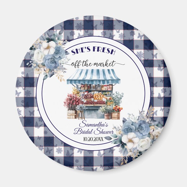 Blue Gingham Floral Bridal Shower favour Magnet (Front)