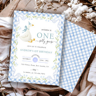 Blue Gingham Floral One Silly Goose 1st Birthday Invitation