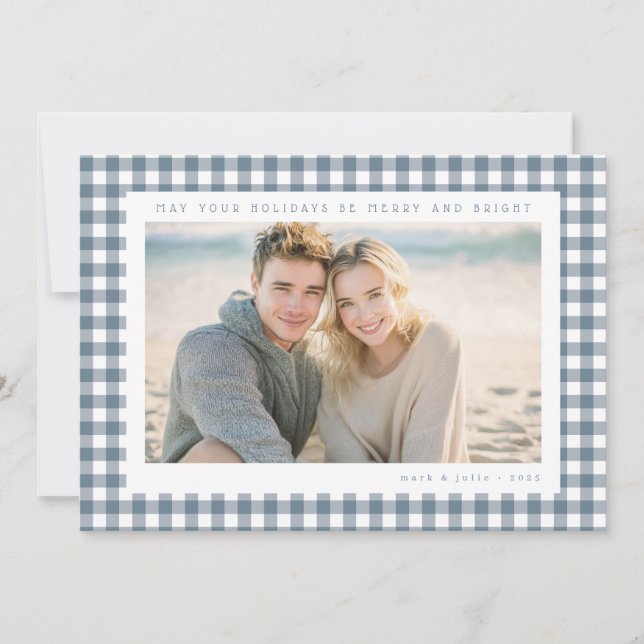 Blue Gingham Frame Holiday Photo Card (Front)