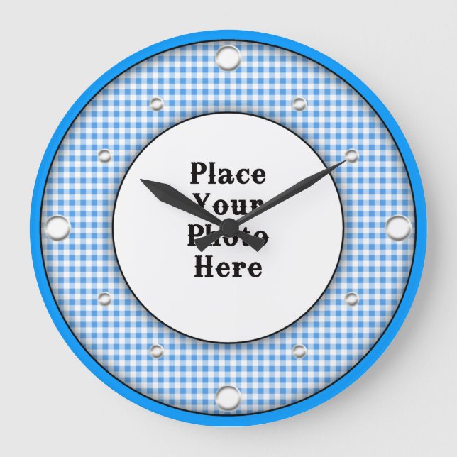 Blue Gingham Frame Your Photo Wall Clock (Front)