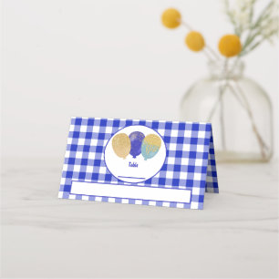 Blue Gingham Glitter Balloons Folded Table Place Card