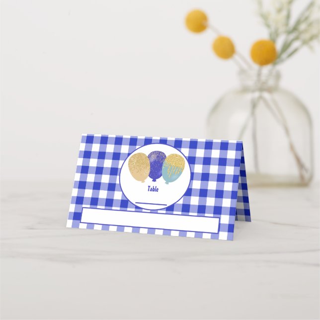 Blue Gingham Glitter Balloons Folded Table  Place Card (Front)